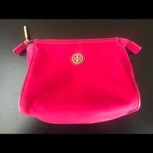 Bright pink nylon Tory Burch cosmetics makeup bag